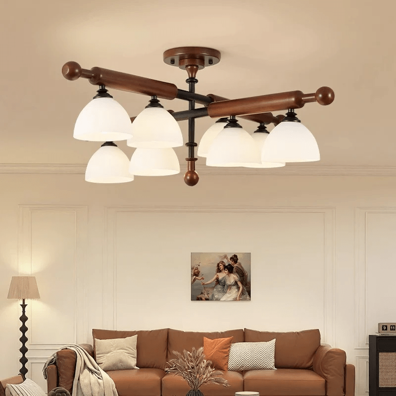 Rusticana lámpara de techo con viga transversal de madera