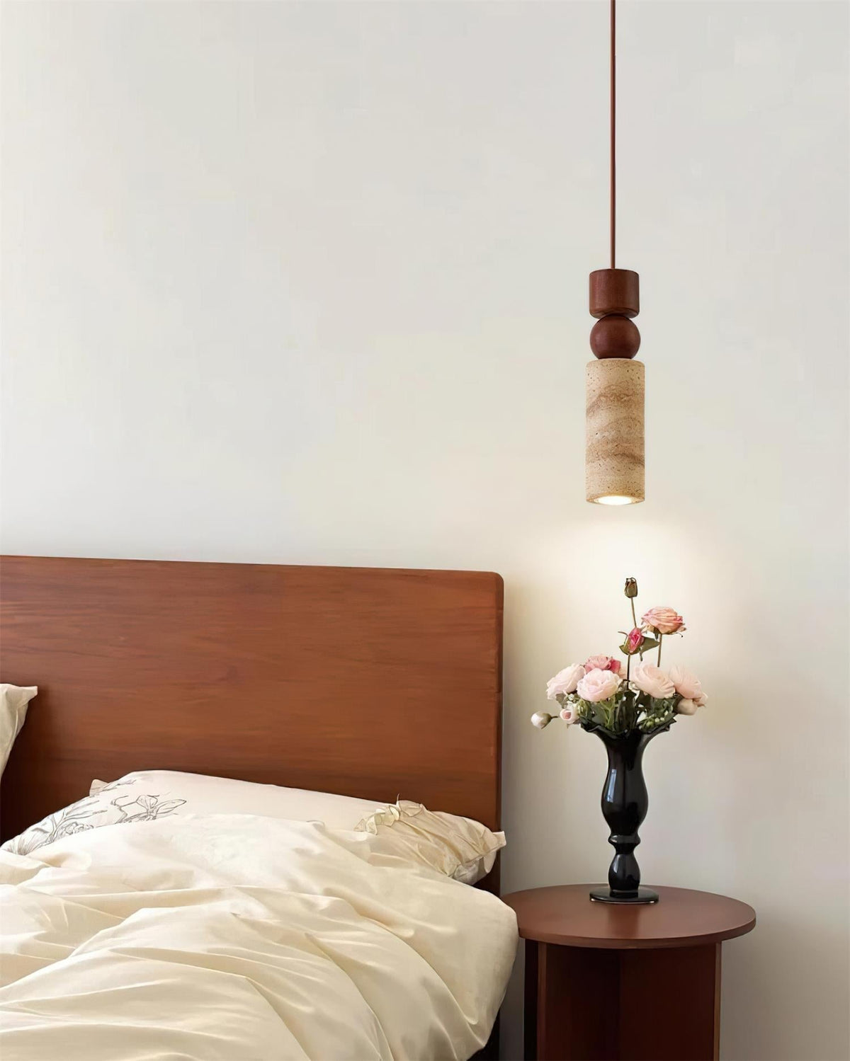 Lámpara Colgante Geométrica de Madera y Travertino Minimalista Nórdica