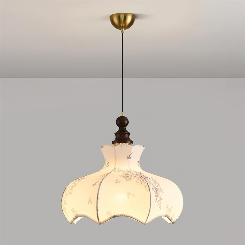 Lámpara colgante de metal y madera con tejido floral elegante vintage