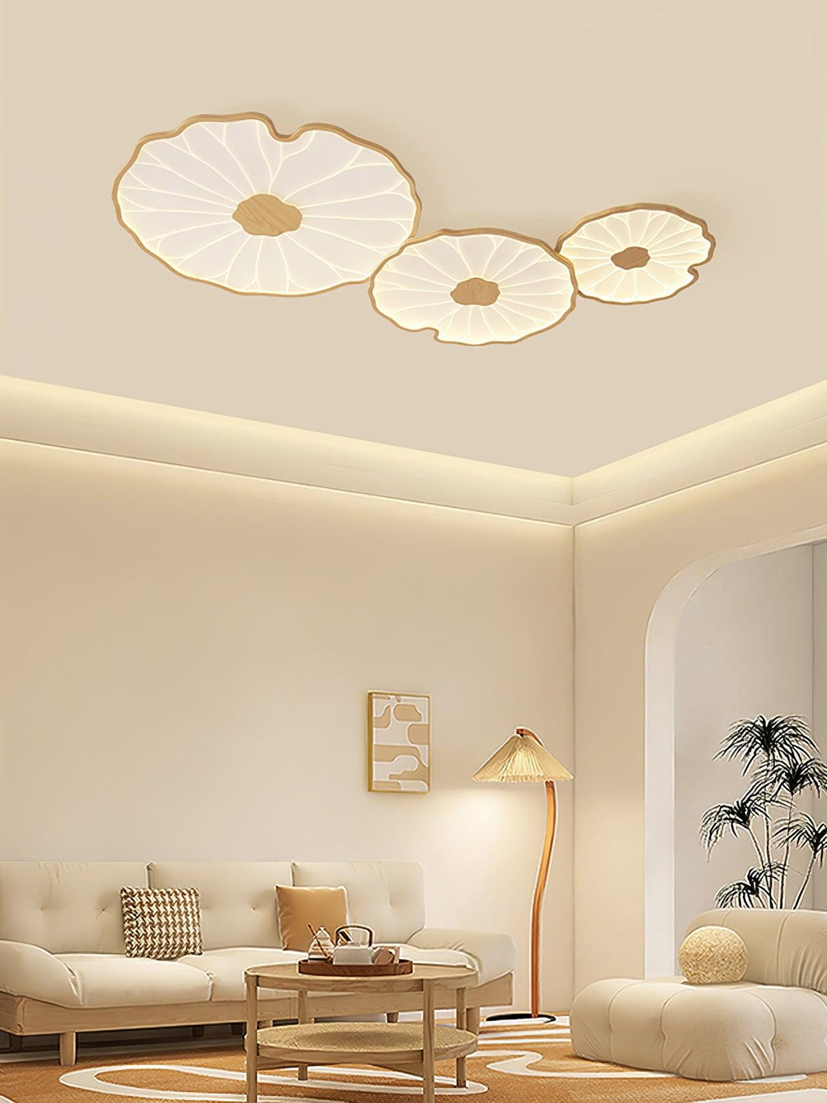 Rinorian lámpara de techo Lotus Leaf con acabado de madera