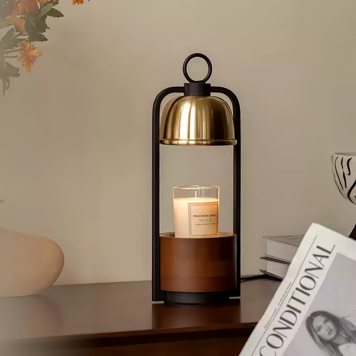 Rosa lámpara de mesa moderna de madera de nogal