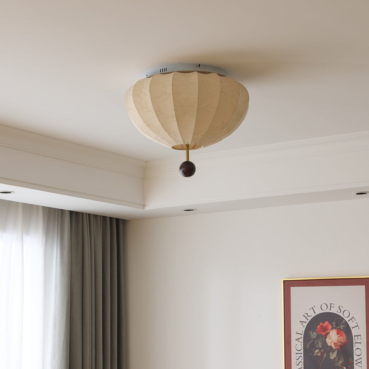 Rinelora lámpara de techo de madera y tejido con forma de farol