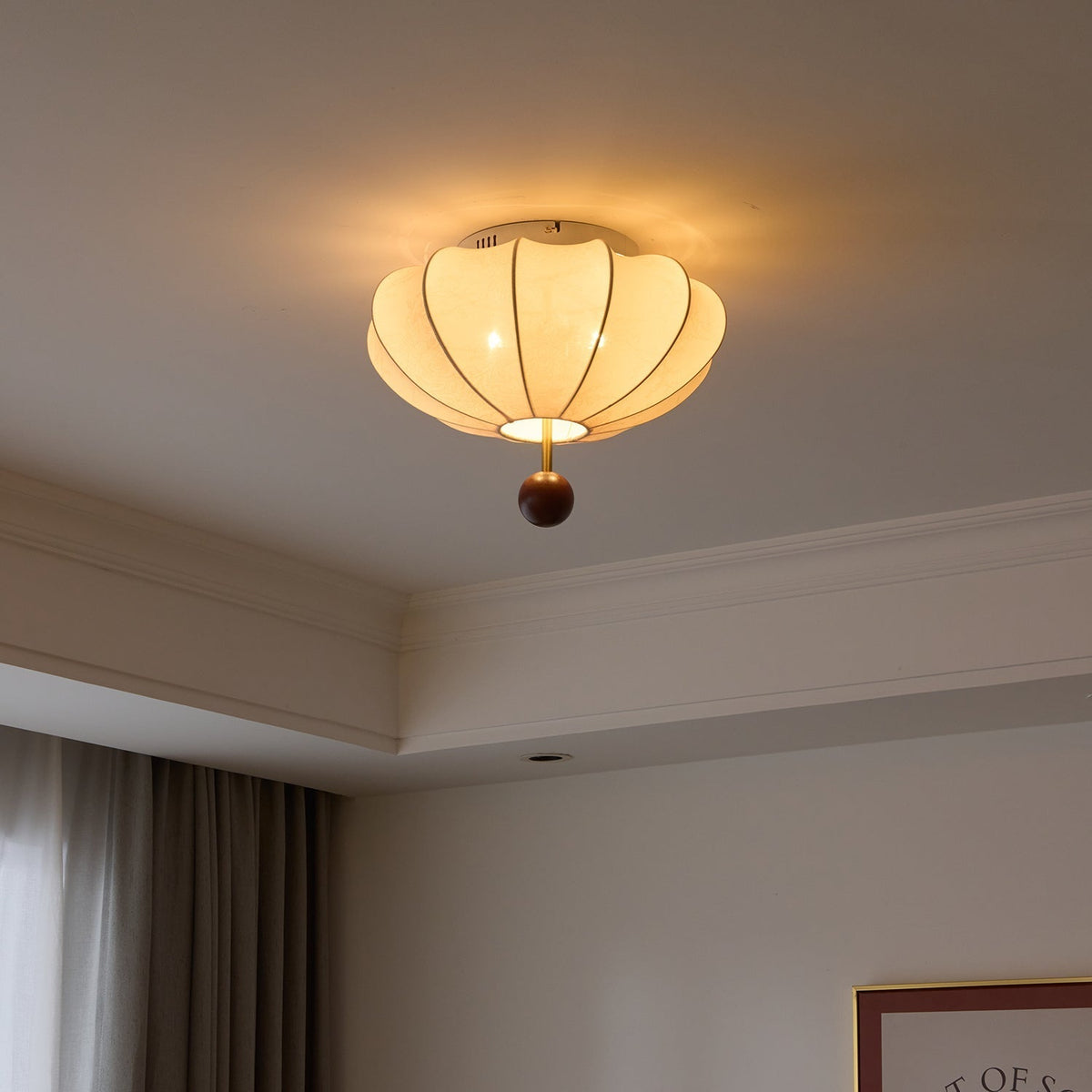 Rinelora lámpara de techo de madera y tejido con forma de farol