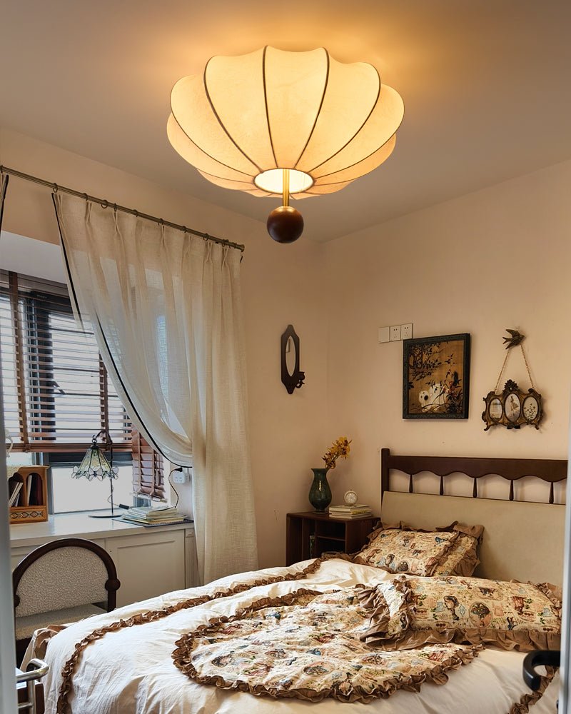 Rinelora lámpara de techo de madera y tejido con forma de farol