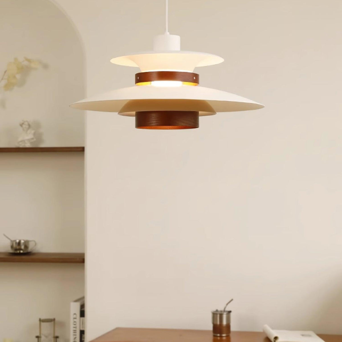 Xyla lámpara colgante de madera con pantalla superpuesta nórdica para comedor