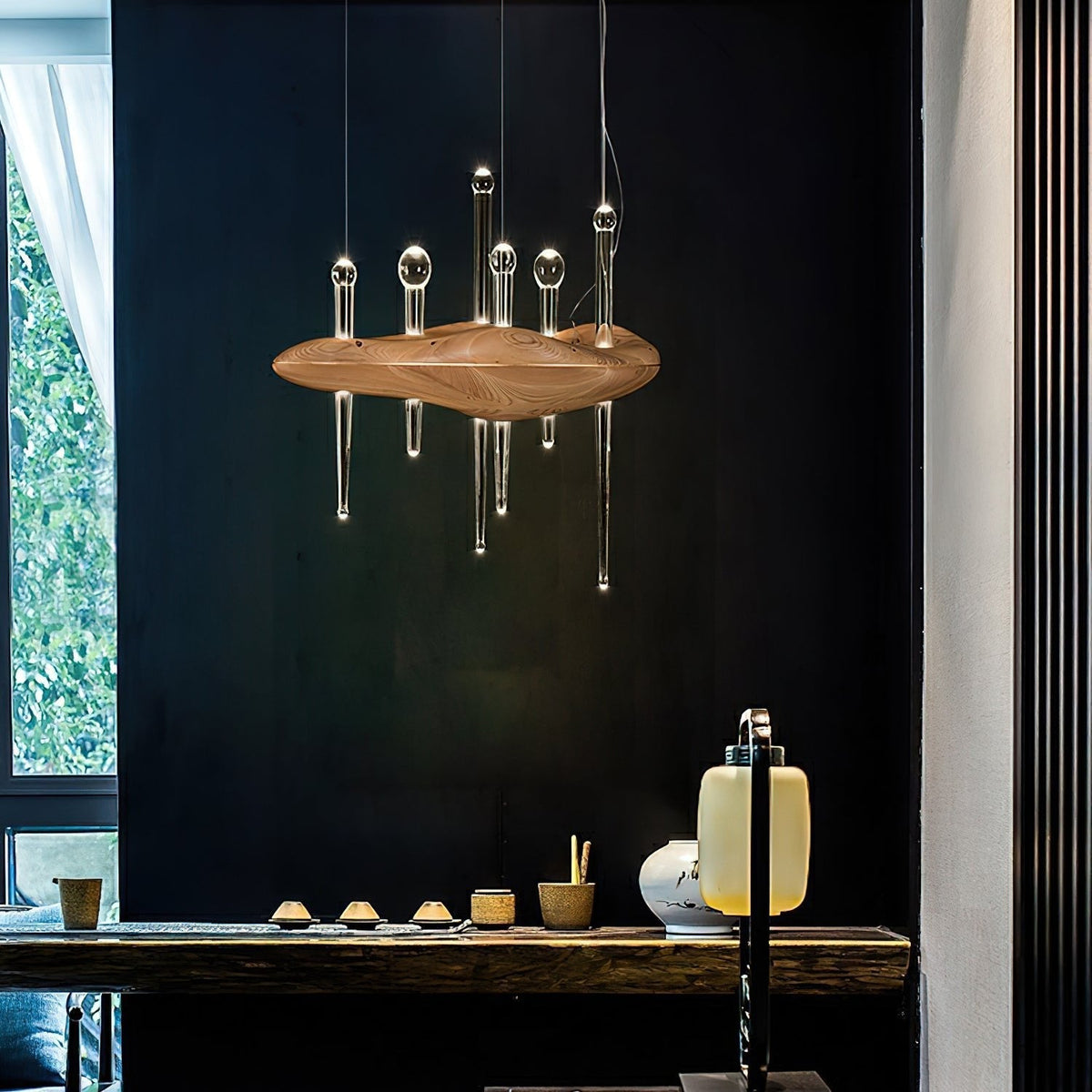 Umare lámpara colgante Whimsical de vidrio y madera