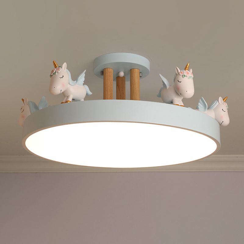 Arisha Modern Round Unicorn Acrylic/Wood Semi-Flush Mount Plafón Blanco/Rosa/Azul