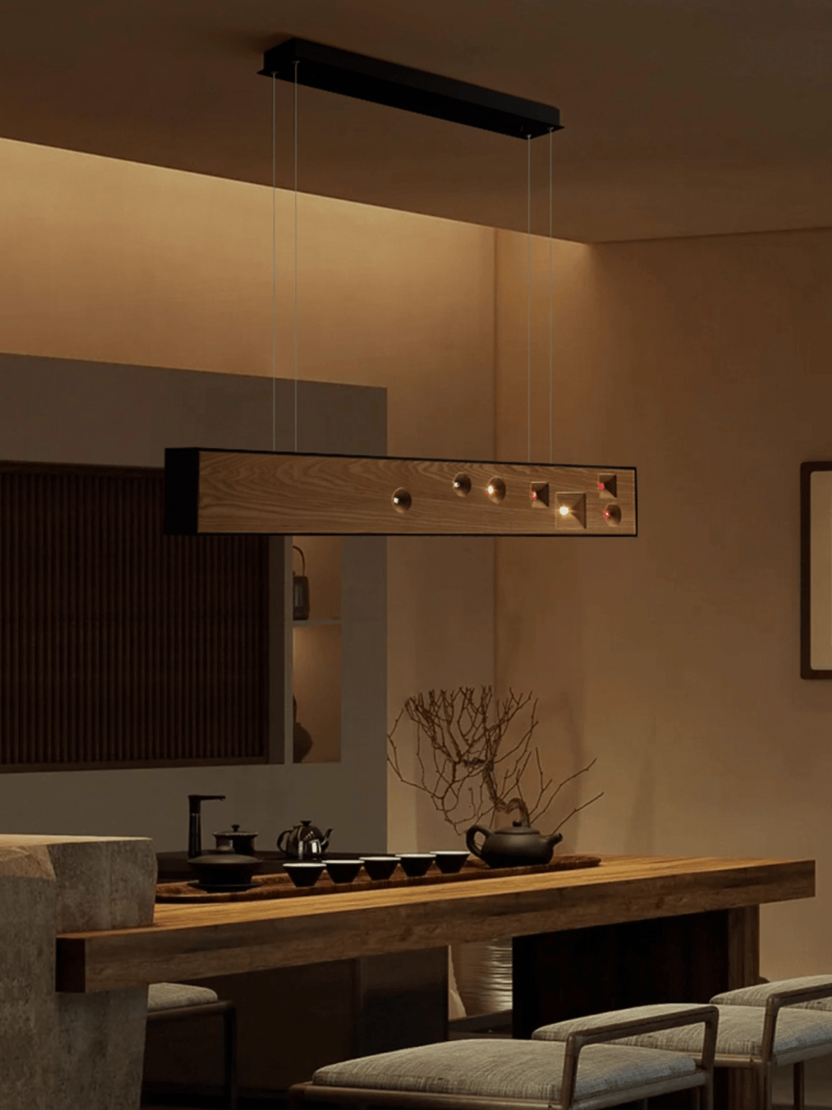 Elvorora lámpara colgante de madera Gemstone lineal LED