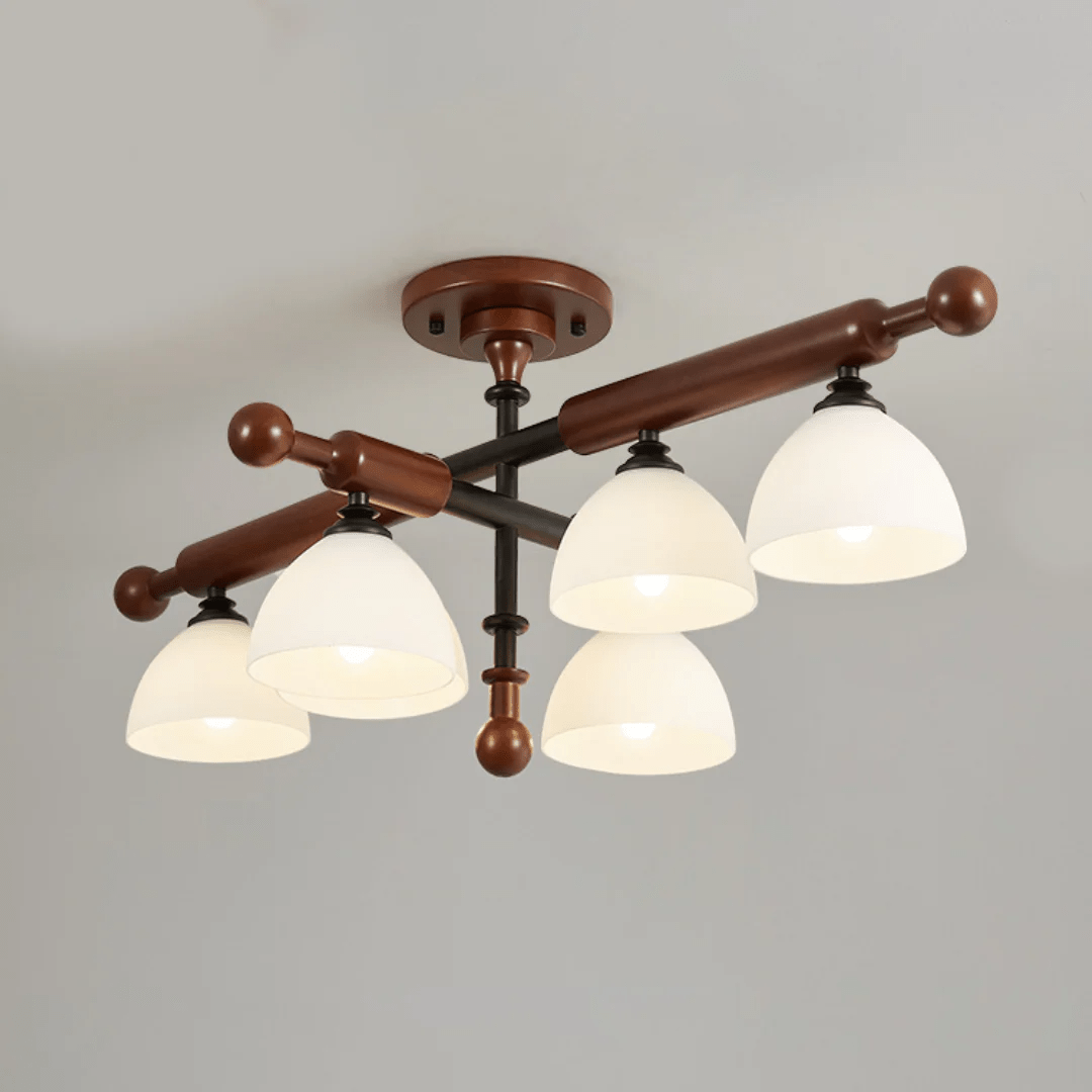 Rusticana lámpara de techo con viga transversal de madera