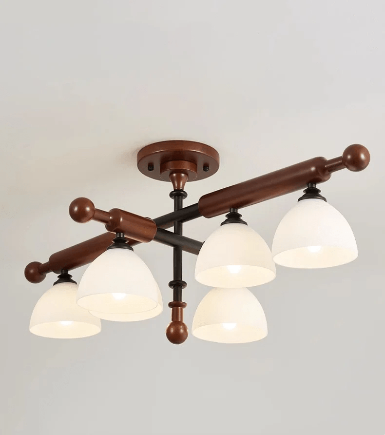 Rusticana lámpara de techo con viga transversal de madera
