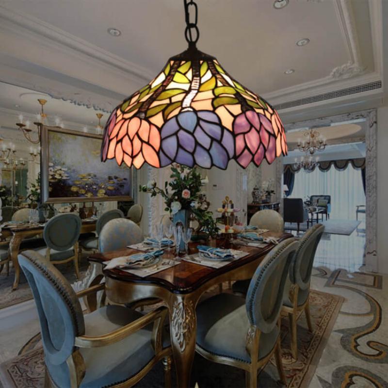 Tiffany Vintage Lámpara Colgante Flor Manchado Metal/Vidrio Salón