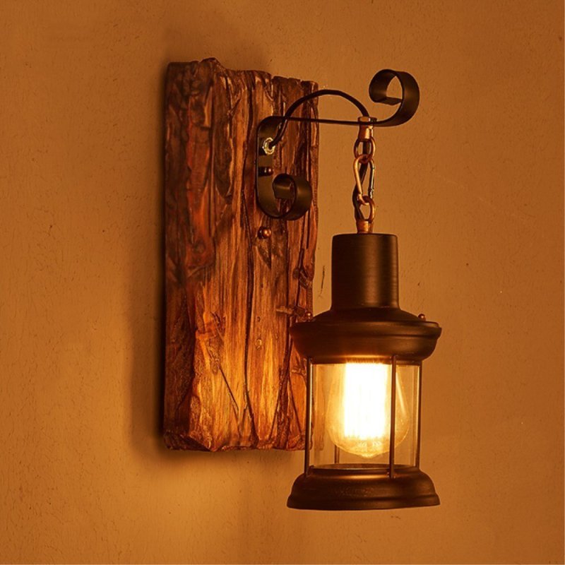 Silva Industrial Rustico Lantern Metal/Madera Aplique de Pared Negra/Bronce
