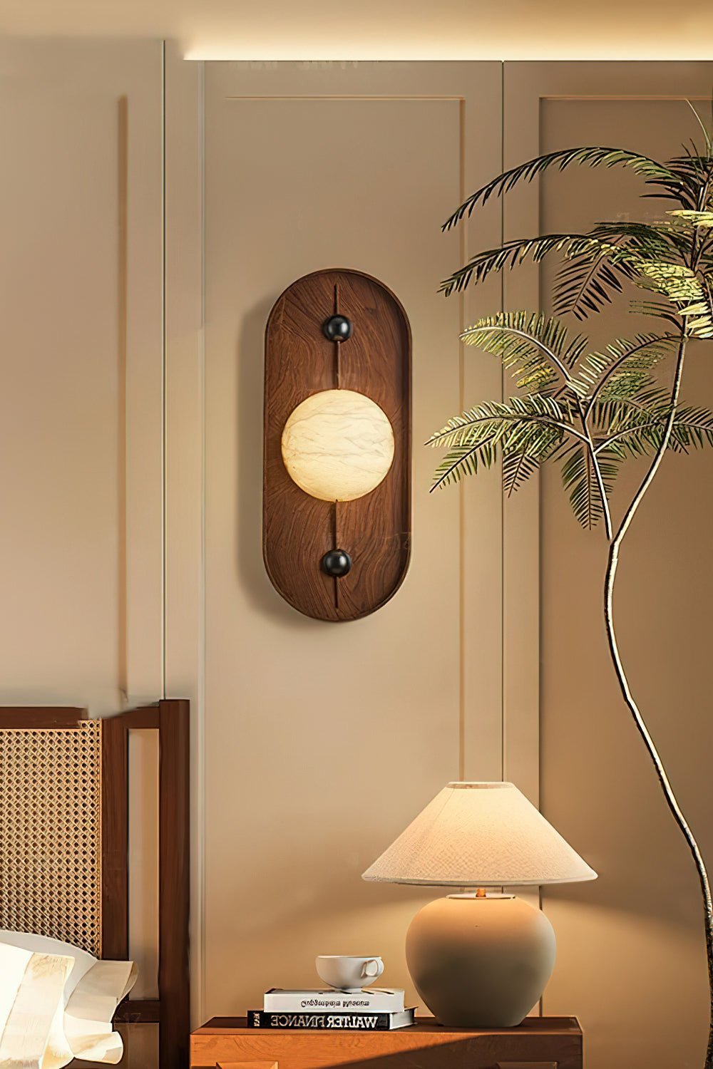 Nivuielle aplique de pared oval alabastro madera color nogal