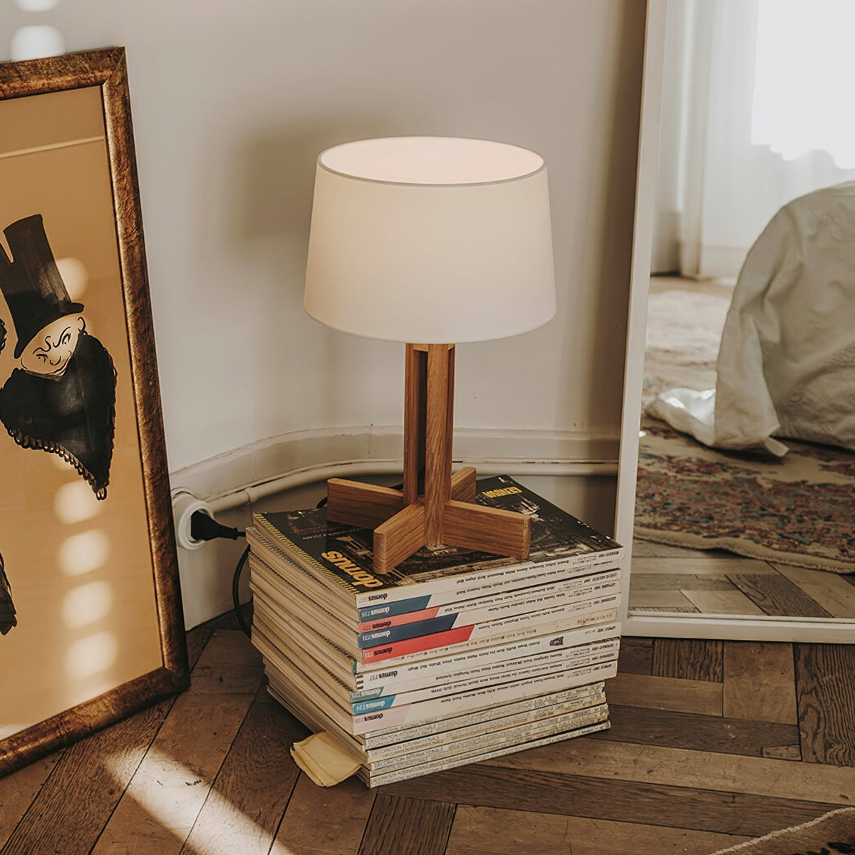 Rinivena lámpara de mesa contemporánea de madera y tejido