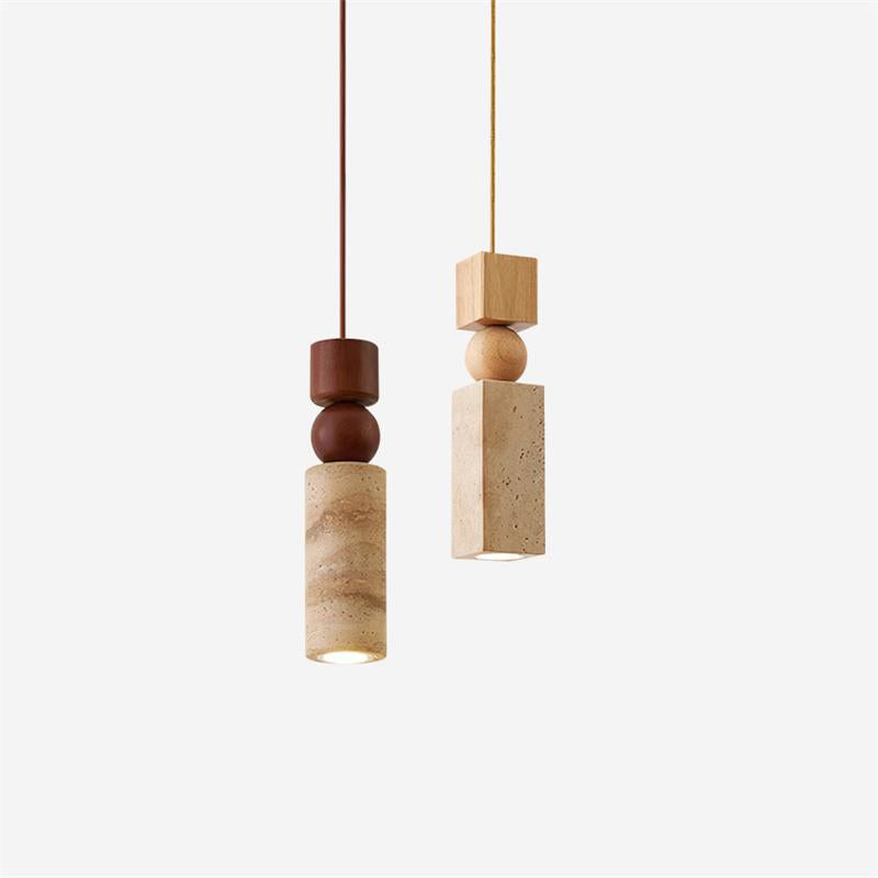 Lámpara Colgante Geométrica de Madera y Travertino Minimalista Nórdica