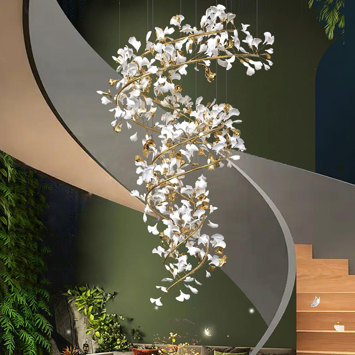 Gingko Ring lámpara de araña de cerámica para escalera de lujo