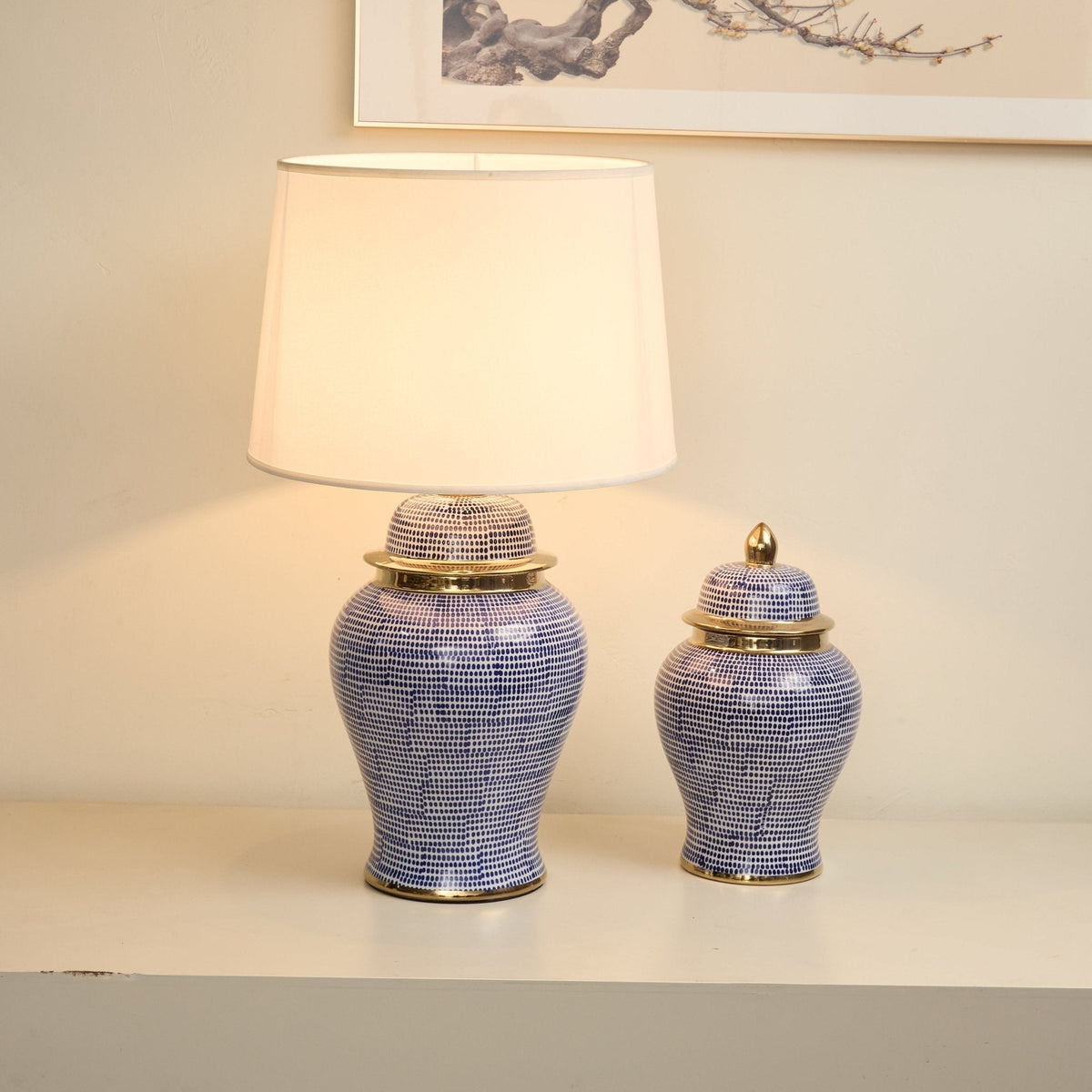 Indigo lámpara de mesa con patrón de puntos en cerámica