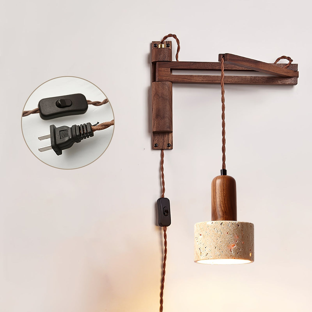 Noreenne de travertino aplique de pared con brazo oscilante enchufe enchufable