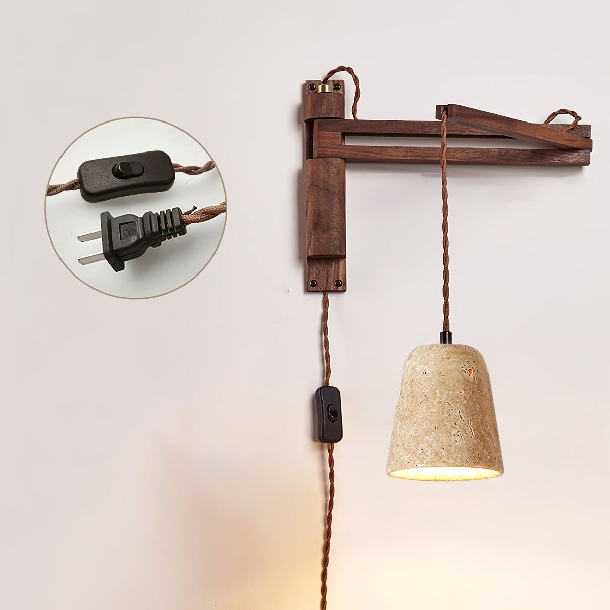 Noreenne de travertino aplique de pared con brazo oscilante enchufe enchufable