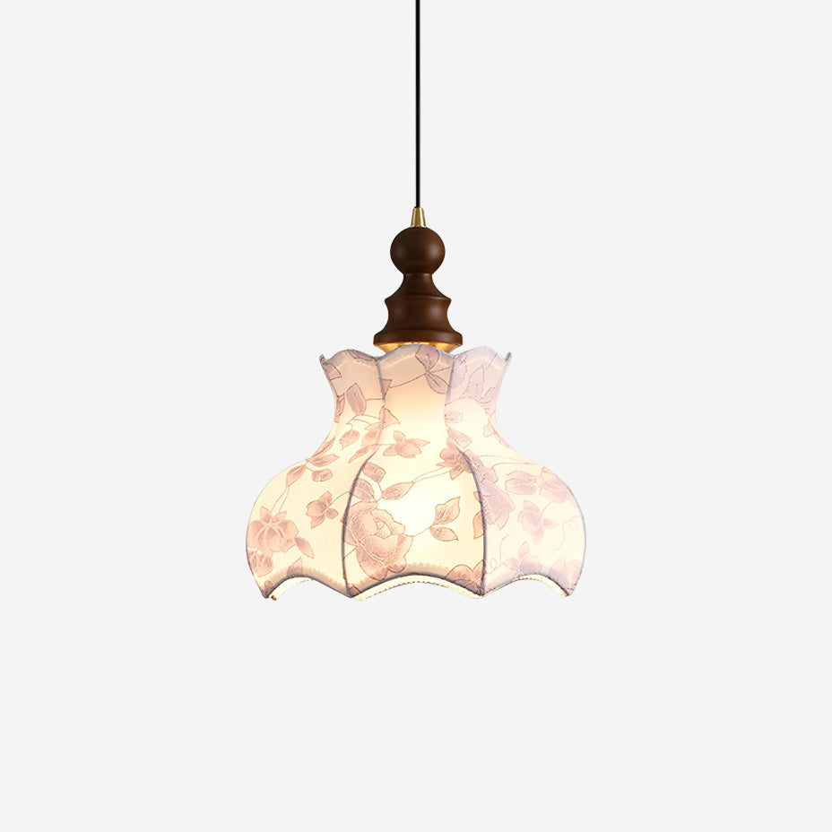 Lámpara colgante de metal y madera con tejido floral elegante vintage