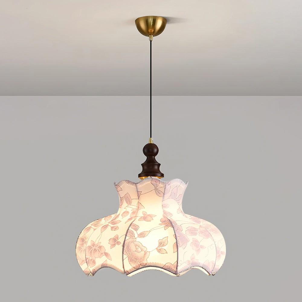 Lámpara colgante de metal y madera con tejido floral elegante vintage
