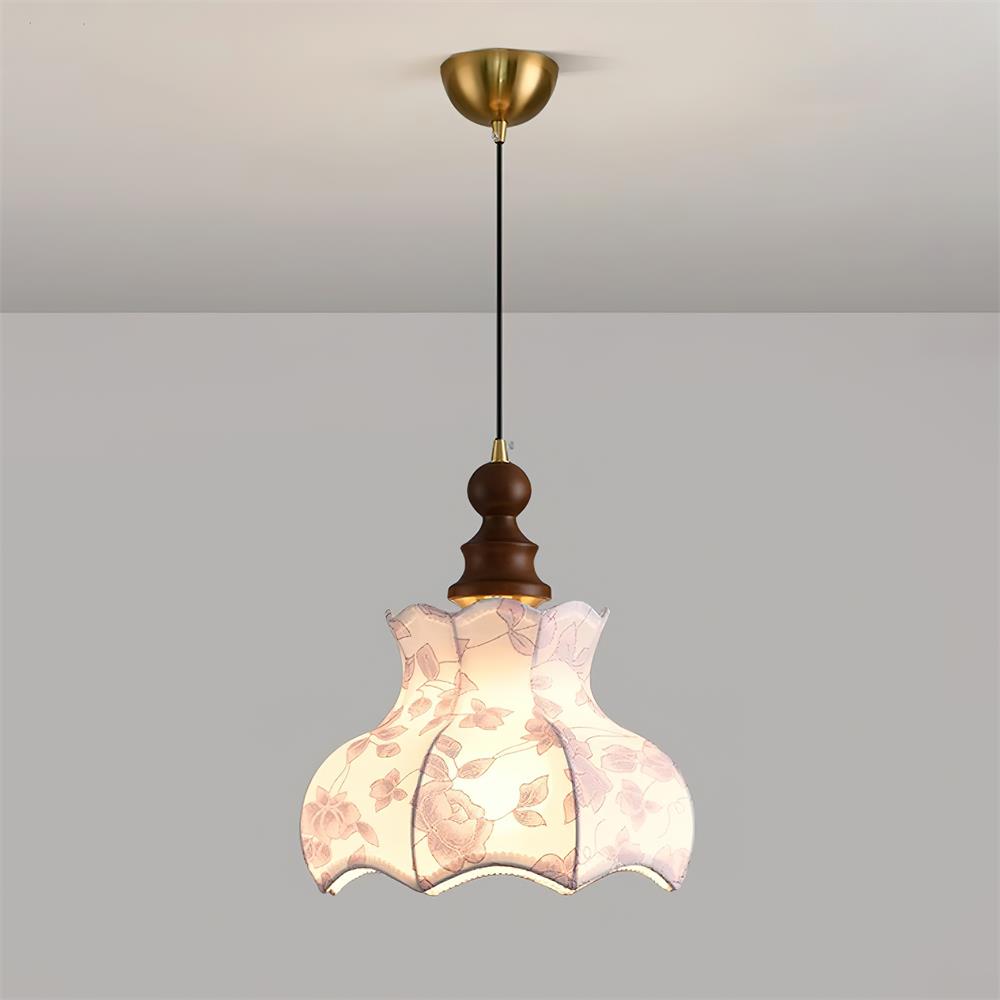 Lámpara colgante de metal y madera con tejido floral elegante vintage