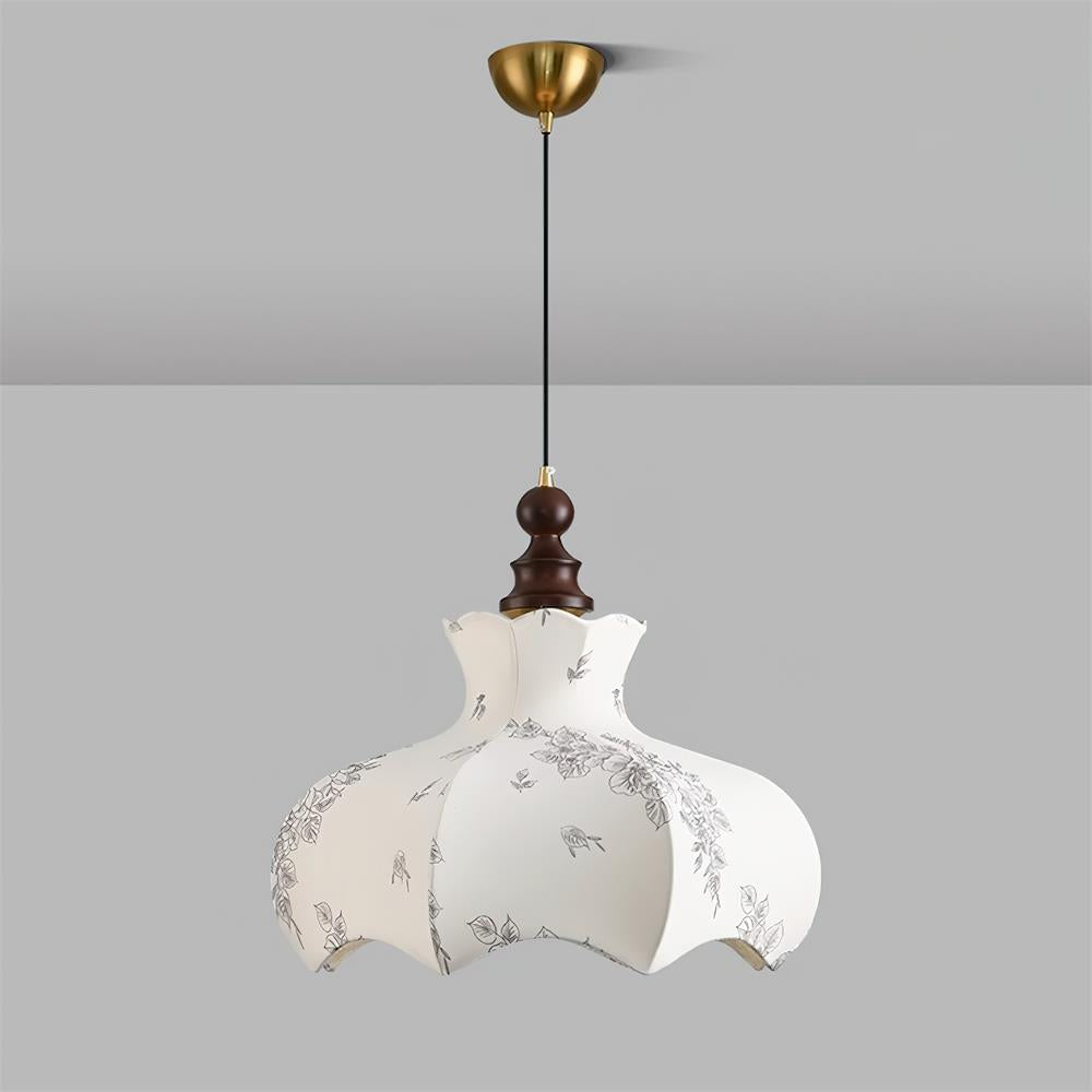 Lámpara colgante de metal y madera con tejido floral elegante vintage