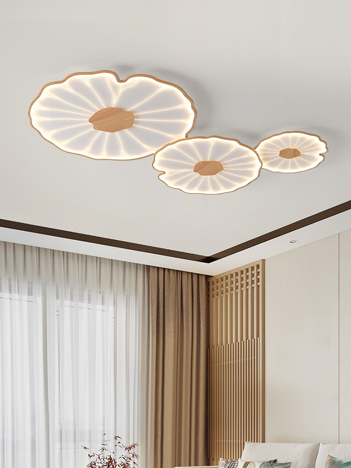 Rinorian lámpara de techo Lotus Leaf con acabado de madera
