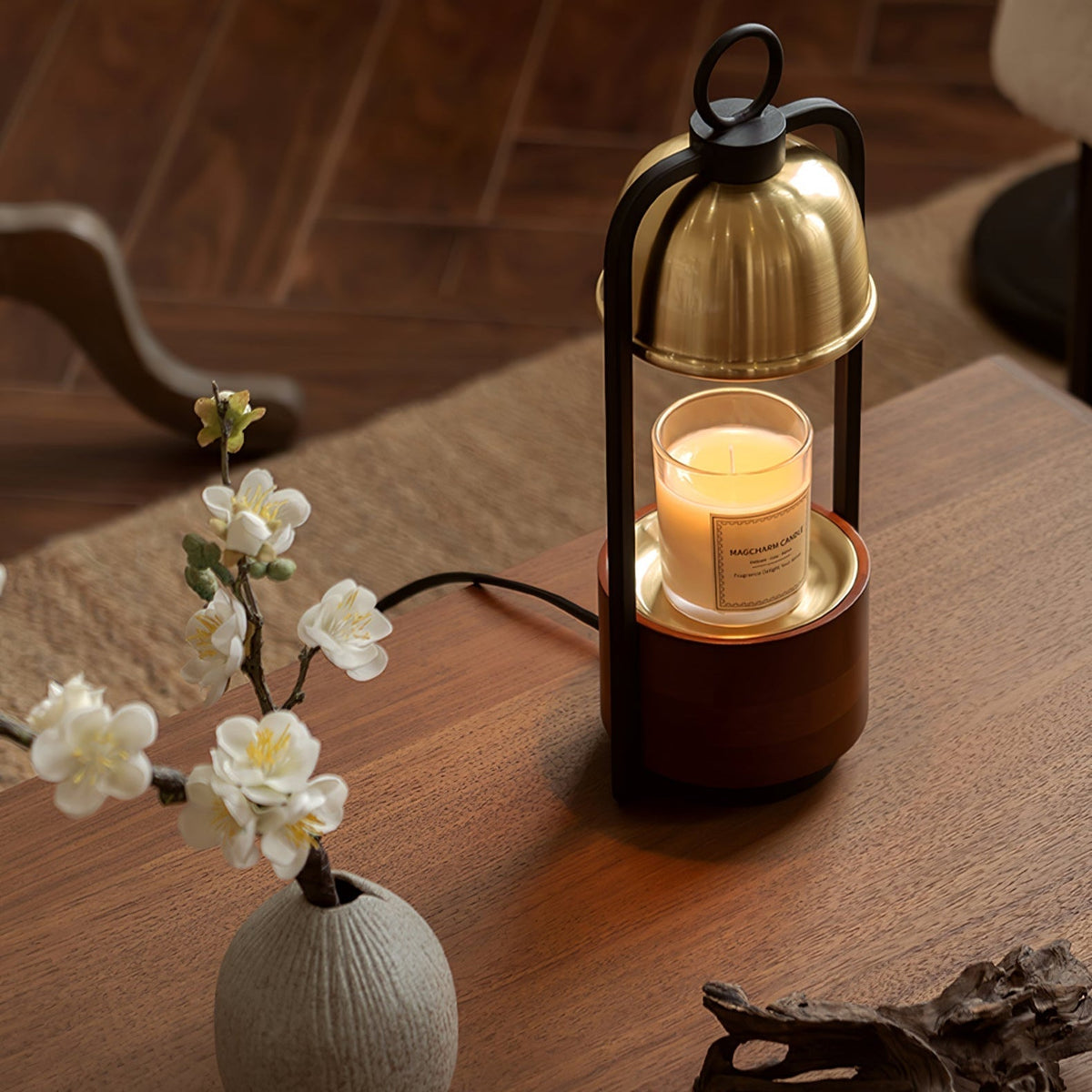 Rosa lámpara de mesa moderna de madera de nogal
