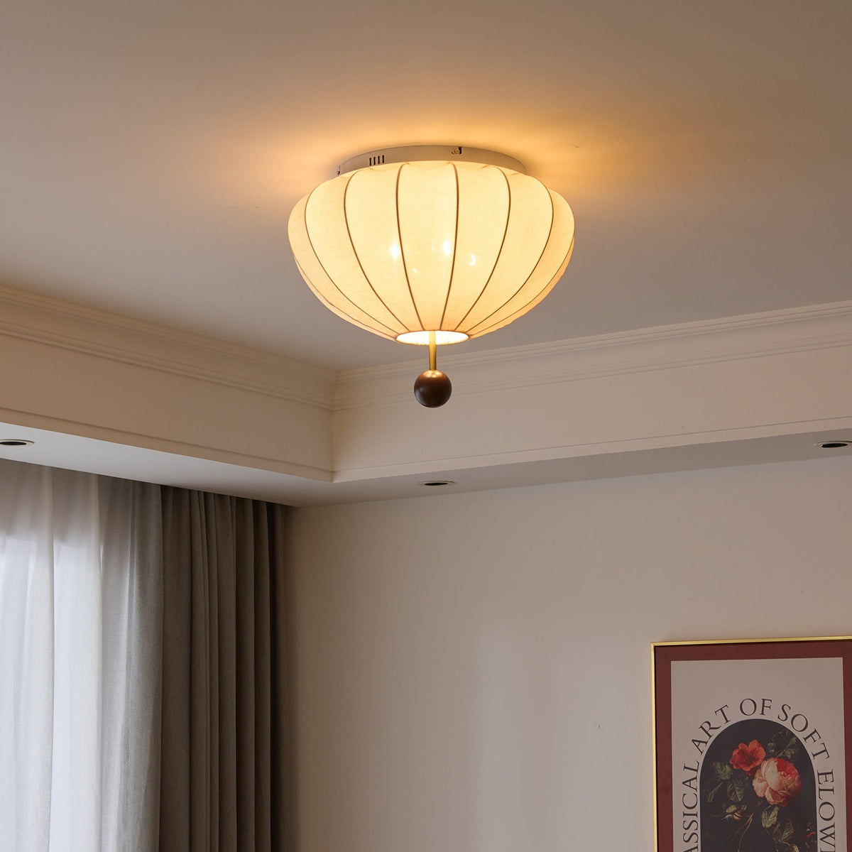 Rinelora lámpara de techo de madera y tejido con forma de farol