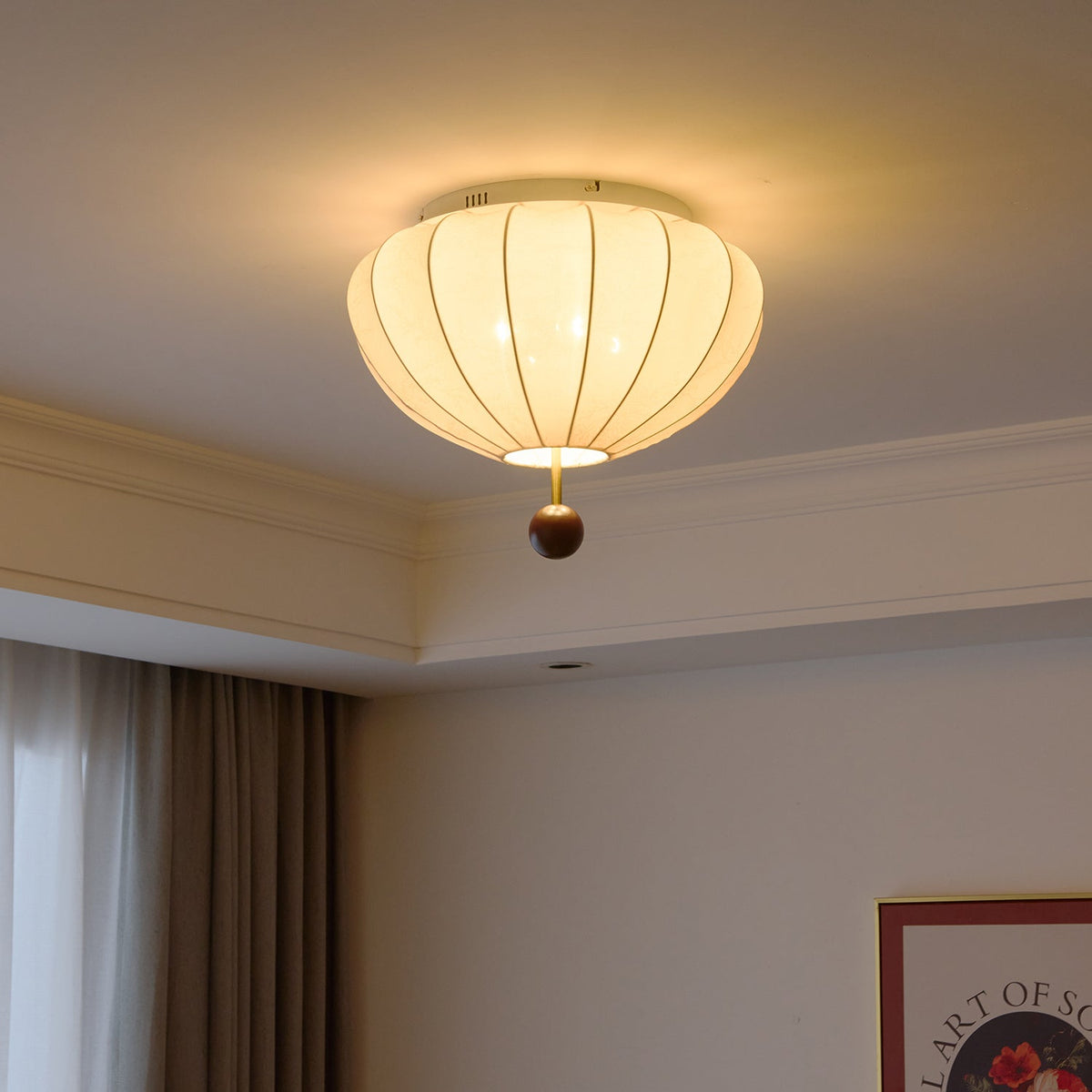 Rinelora lámpara de techo de madera y tejido con forma de farol