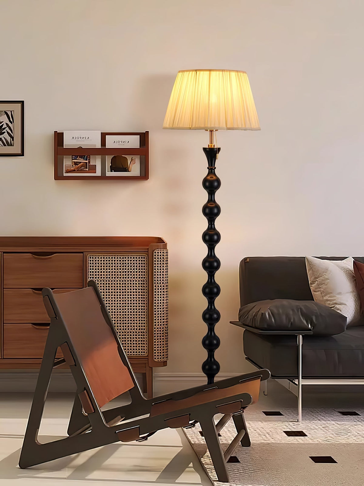 Celon lámpara de pie de madera y tejido vintage