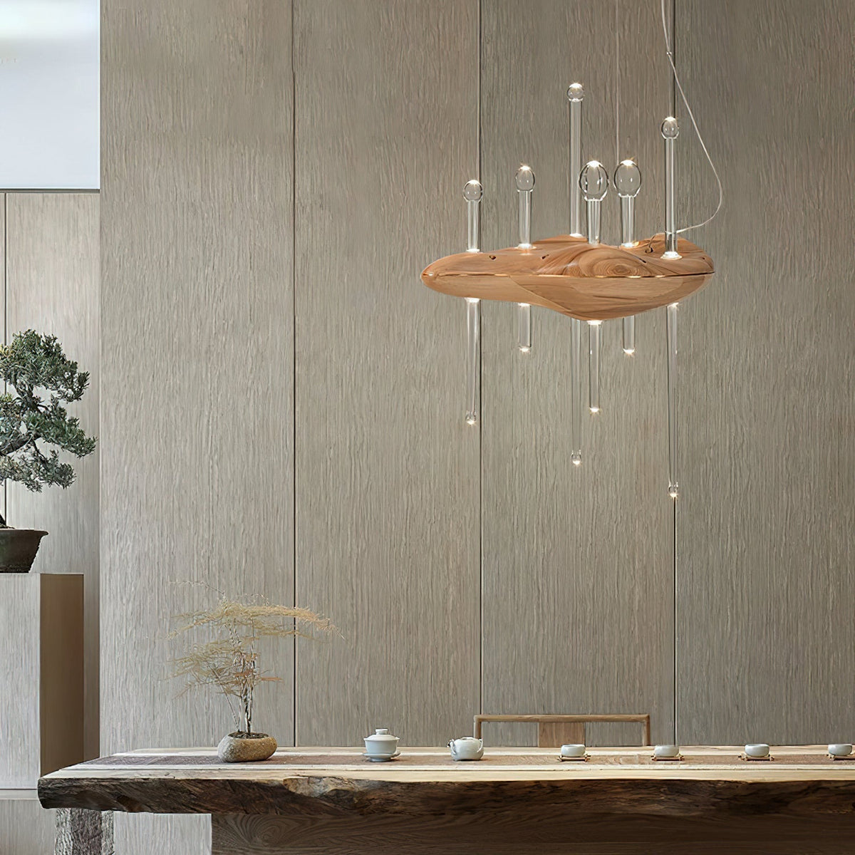 Umare lámpara colgante Whimsical de vidrio y madera