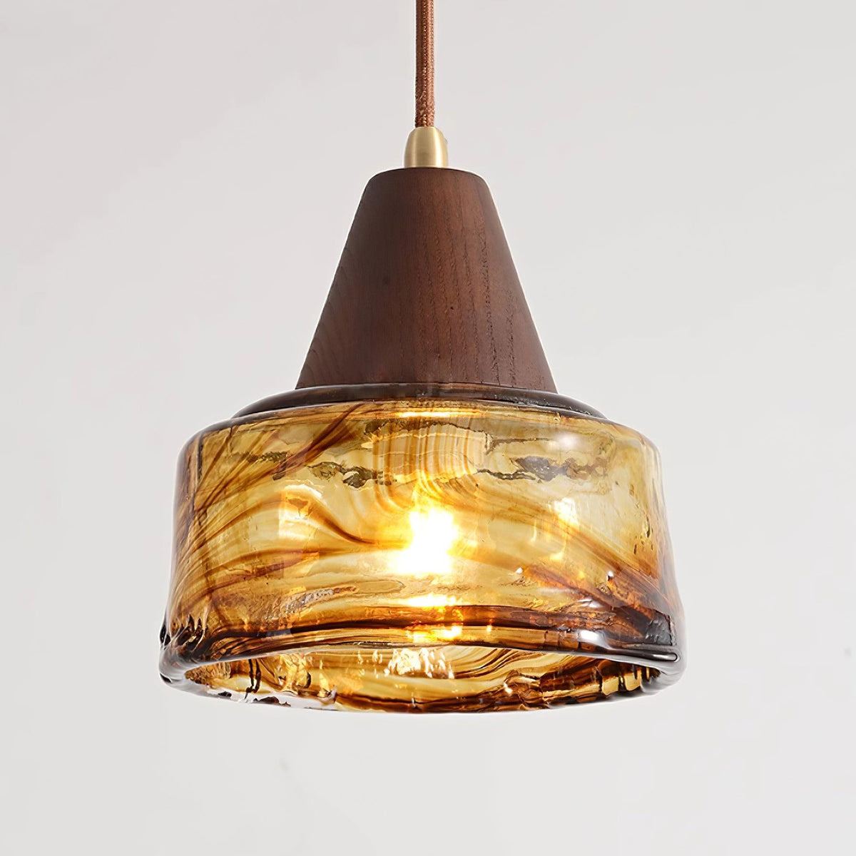 Lámpara colgante de vidrio ámbar y madera superior vintage artística
