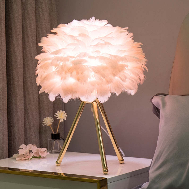 O'Moore Diseño Redonda Pluma Lámpara de Mesa Blanca/Rosa/Gris